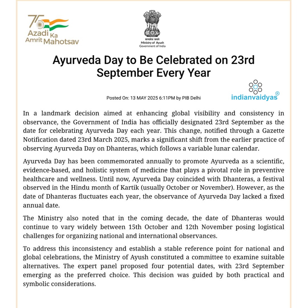 Ayurveda Day to be Celebrated on 23rd September Every Year