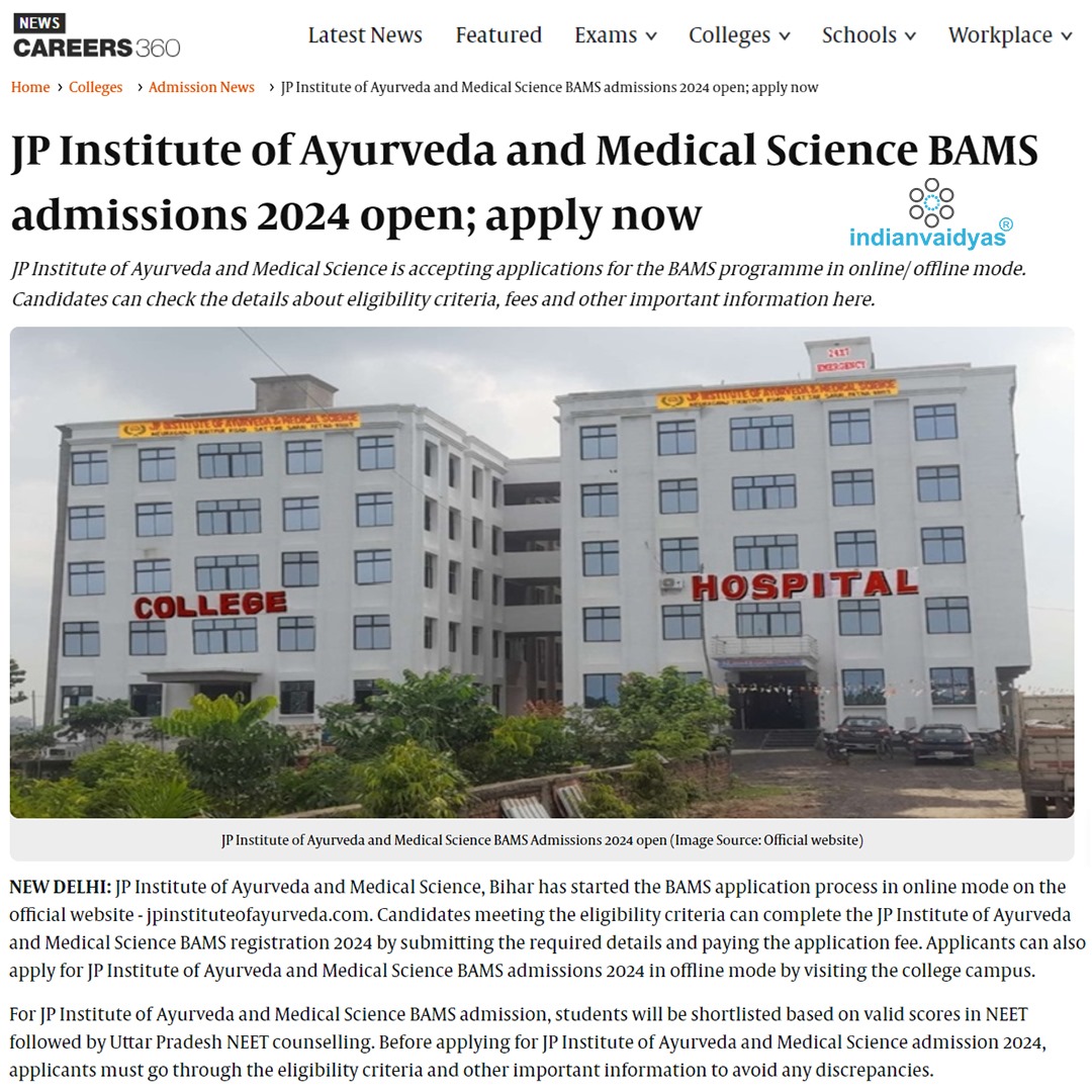 JP Institute of Ayurveda and Medical Science BAMS admissions 2024 open; apply now