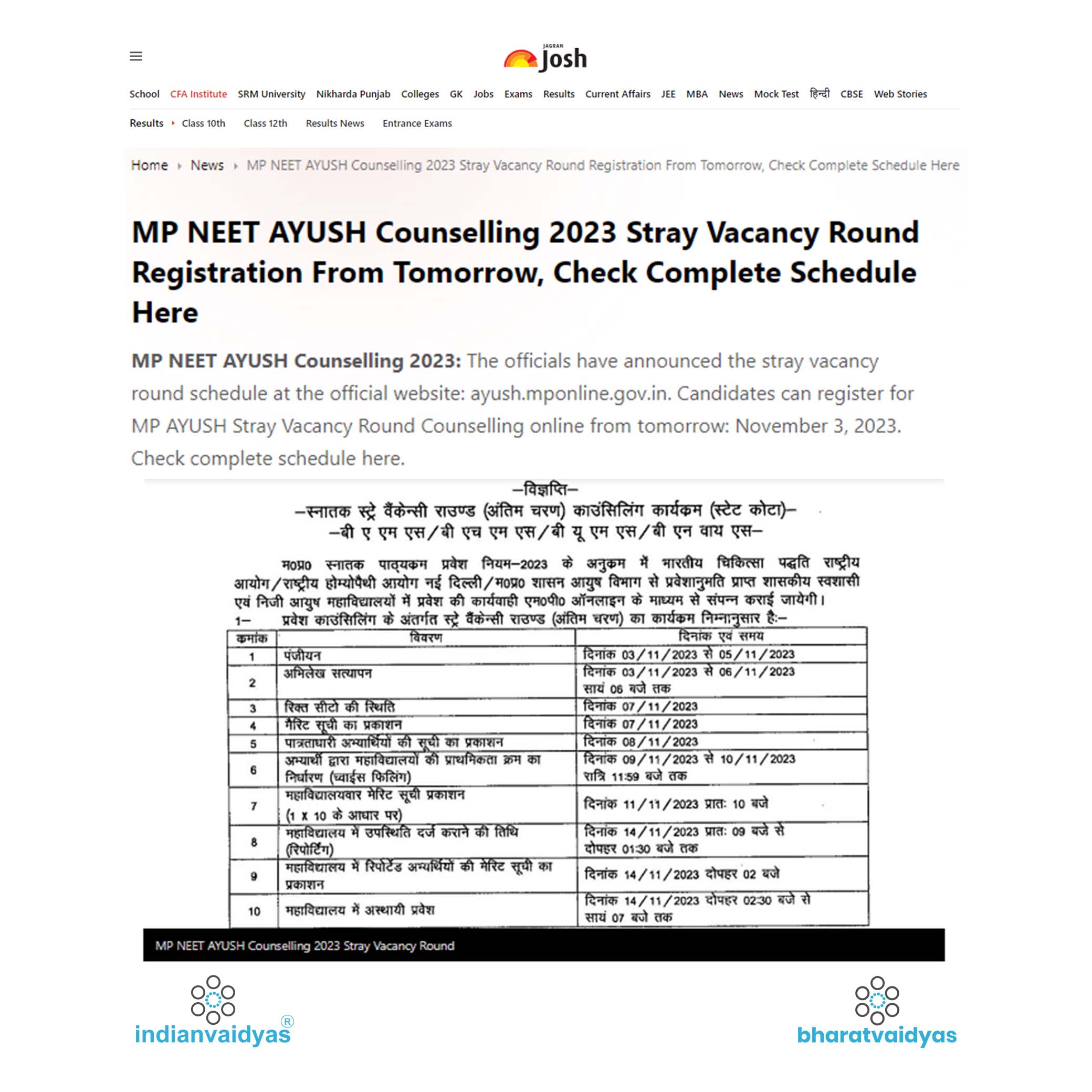 MP NEET AYUSH Counselling 2023 Stray Vacancy Round Registration